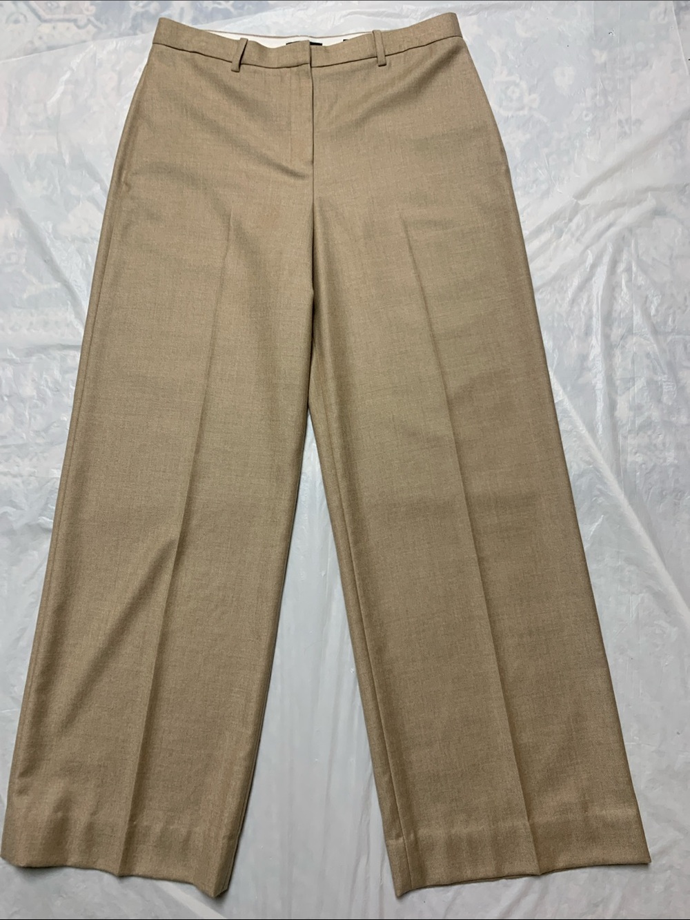 Theory Sleek Flannel Wide Leg Trousers Tan 100% Virgin Wool Career Wear Sz 8